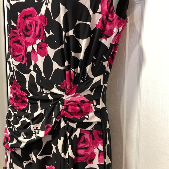 Precis Black Fuchsia White Cap Sleeve Ruched Boat Neck Midi Length Dress - Sz 10 - Picture 6 of 13
